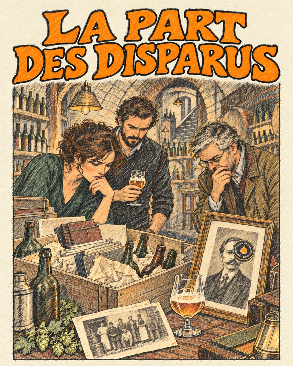 La Part des disparus : illustration crayonnée de trois invités examinant une caisse d’archives et de bouteilles, avec un portrait portant un sous-bock au logo de l’Antre en monocle.
